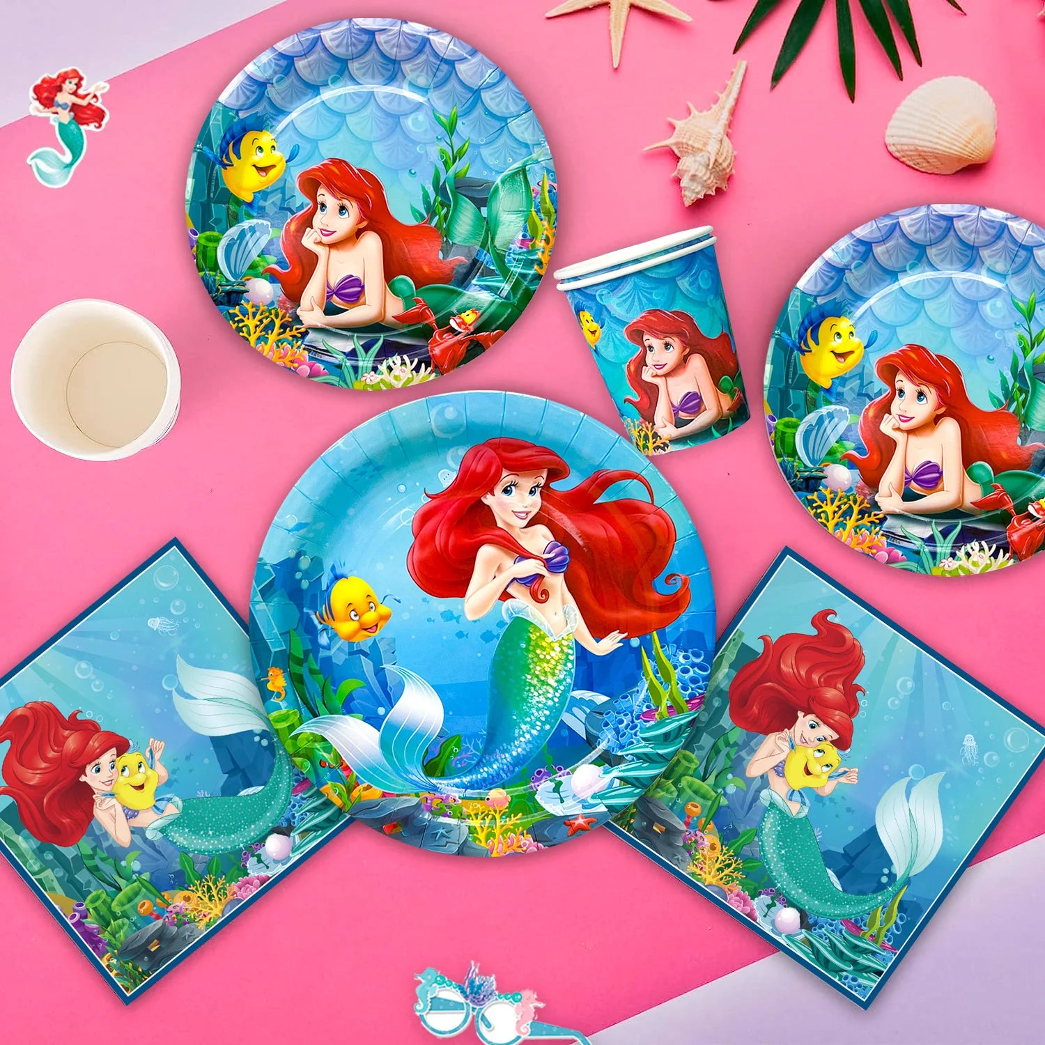 Little Mermaid Birthday Supplies,185pcs Little Mermaid Birthday Party Decorations&Tableware-Little Mermaid Stickers Banner Plate