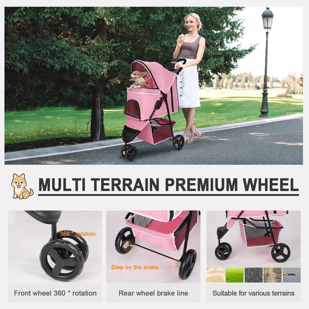 carreola para mascotas perro 3 Wheel Foldable Cat Dog Stroller with Storage Basket, Handle 360° Pet Dog Stroller - Firu Total Sales