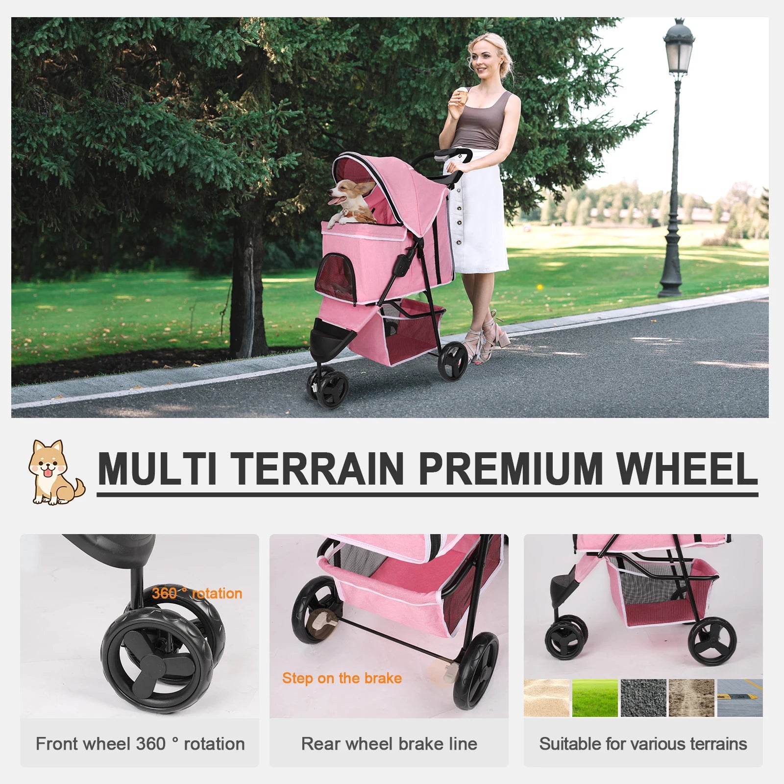 carreola para mascotas perro 3 Wheel Foldable Cat Dog Stroller with Storage Basket, Handle 360° Pet Dog Stroller - Firu Total Sales