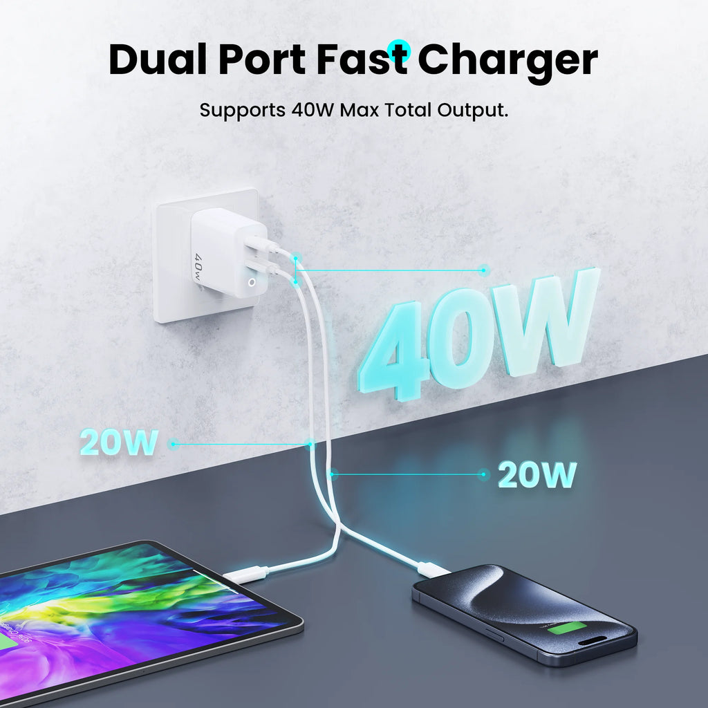 TOPADRE Cargador GaN 40W | 2 Puertos USB-C | Carga Rápida PD | Luz Indicadora | Cable 1m Incluido | iPhone y Android
