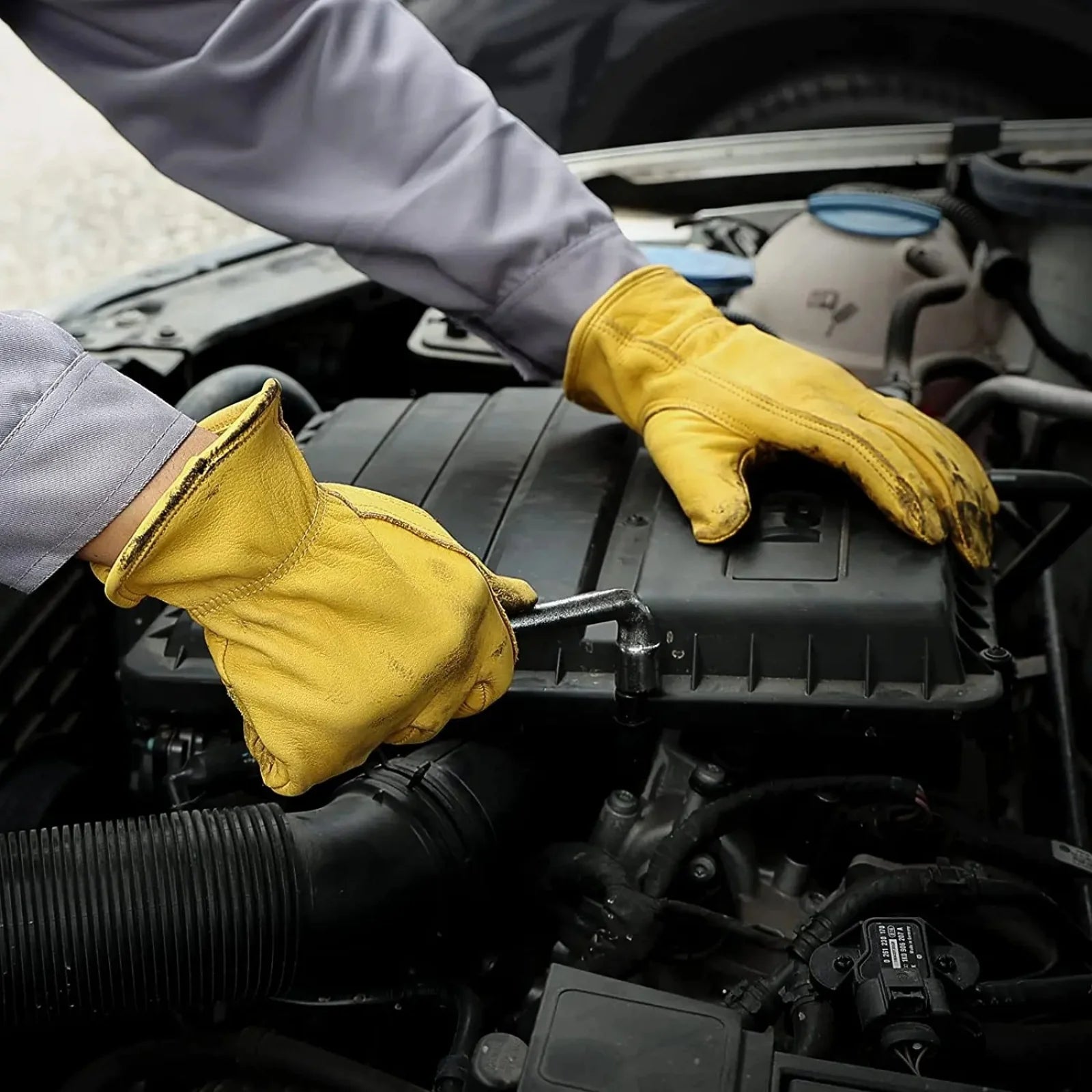 1 Pair Of Flex Grip Leather Work Gloves, Stretchable Wrist Tough Cowhide Working Gloves (Yellow)