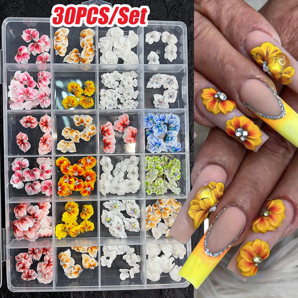 5/30Pcs 3D Handmade Nail Acrylic Flower Rhinestone Side Floret with Pearl Diamond Nail Art Decorations Carving Flower Nail Charm