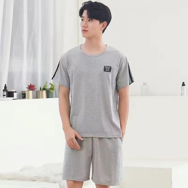 Cotton Men's Pajama Top and Pants Loungewear Athletic Casual Loose Nightwear Set Striped Sleepwear Homewear Two Piece Big Size