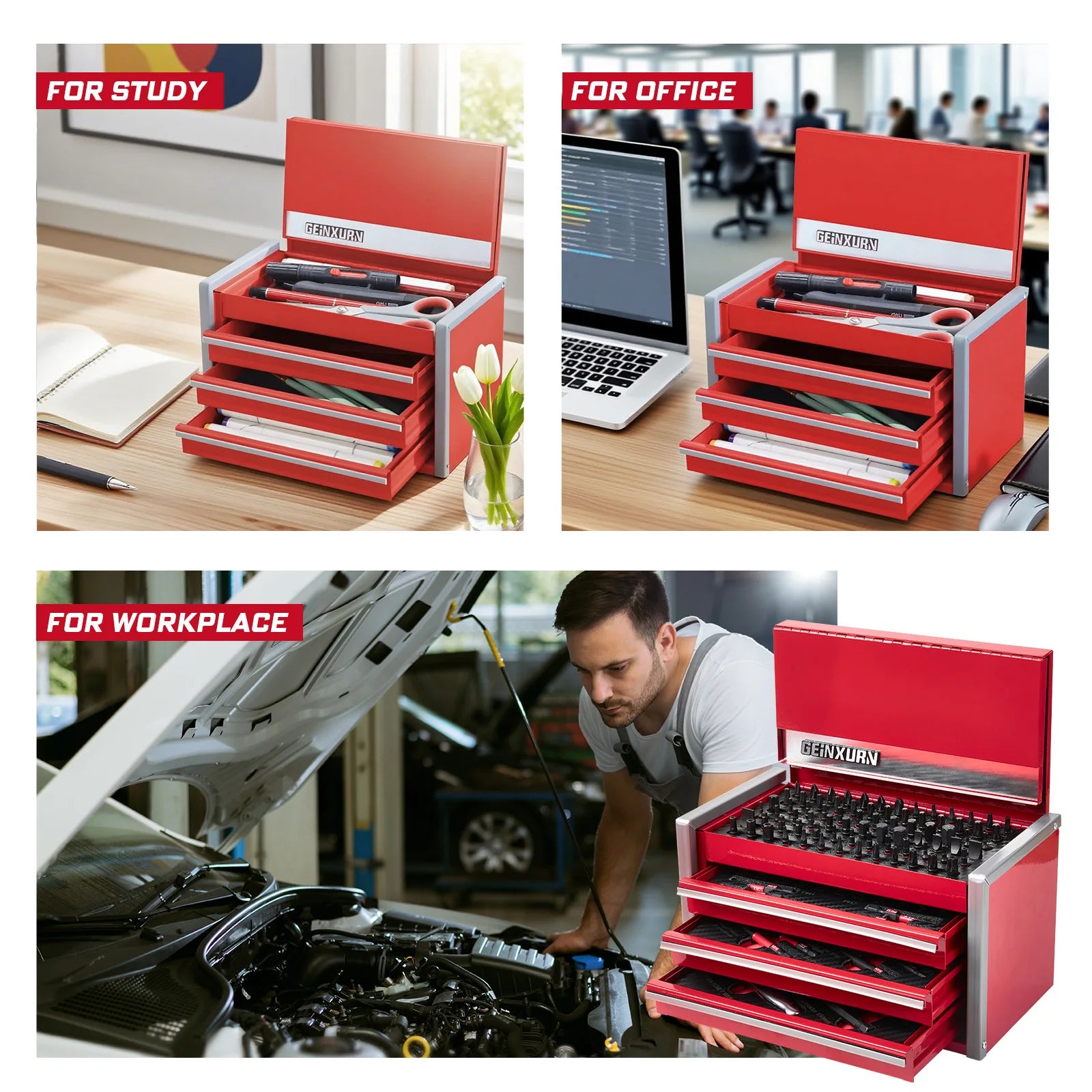 Geinxurn Professional Tool Set, 4-Drawer Red Tool Chest, High-Strength Socket Kit for Auto and Home Maintenance