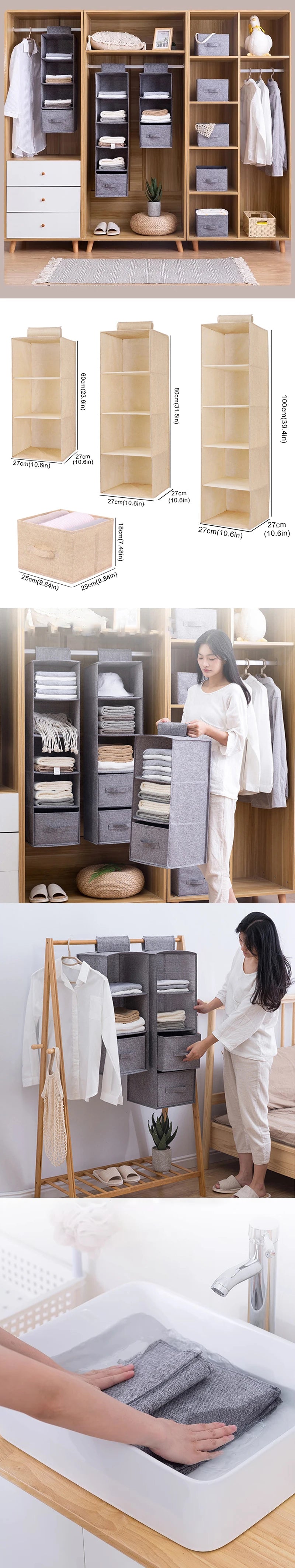 Cotton Linen Hanging Storage Bag Drawer Style Wardrobe Organizer Box Clothes Organizer Holder Collapsible Hanging Storage Shelve