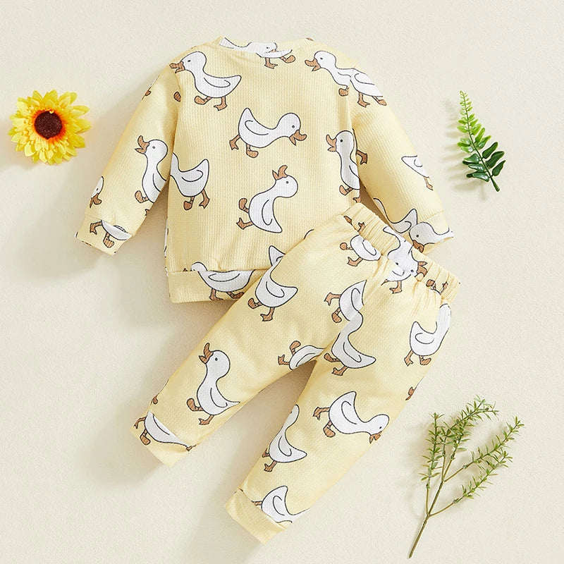 Cute Toddler Unisex Autumn Apparel Set with Adorable Duck Pattern Sweatshirt and Cozy Waffle Texture Pants for Boys and Girls