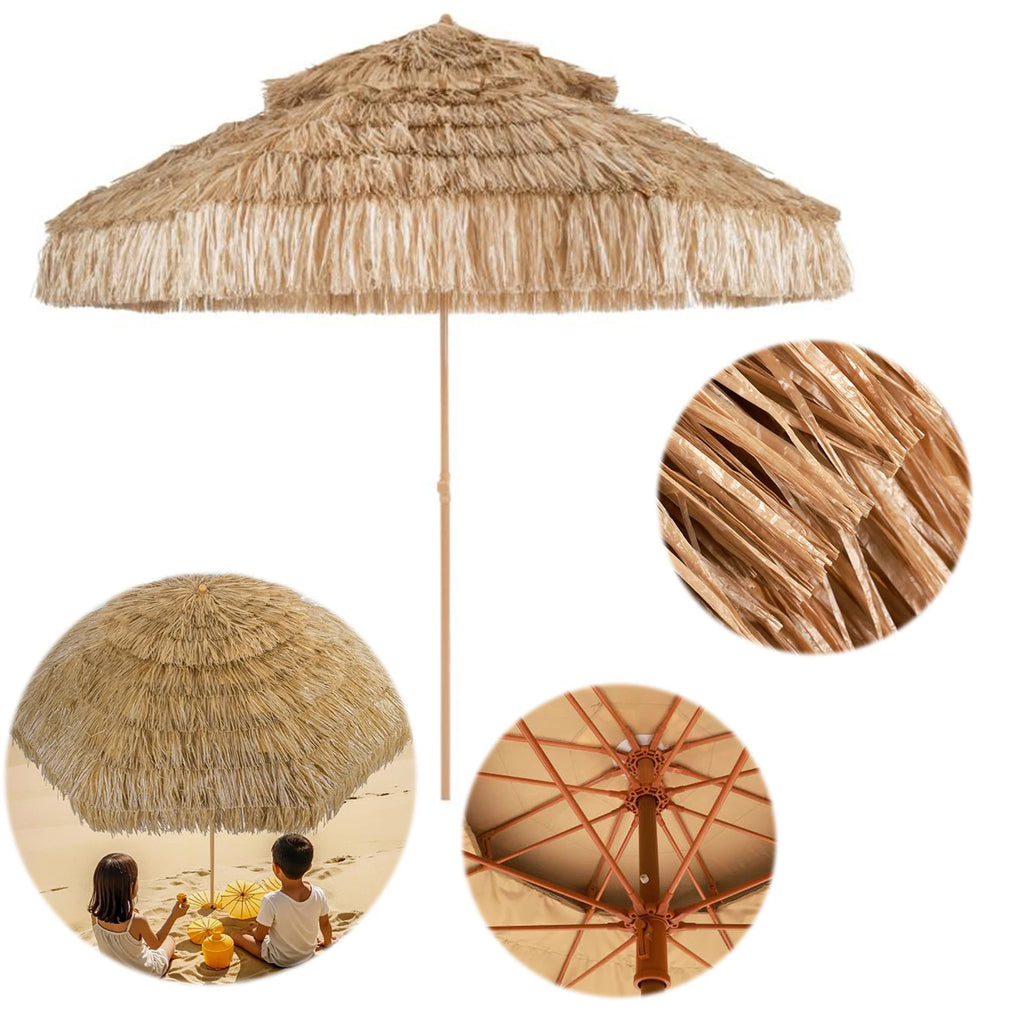 9ft Hawaiian Style Tiki Parasol with 8 Ribs Outdoor Thatched Tiki Umbrella UPF 50+ UV Protection for Market Terrace Restaurant