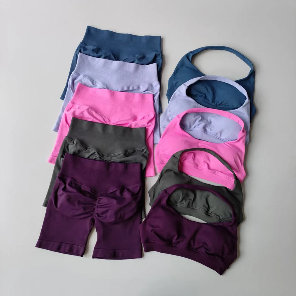 2 Pieces Yoga Suit for Women Seamless Fitness Gym Clothes Halter Sports Bra Matching Impact Shorts Workout Sets Gym Outfit