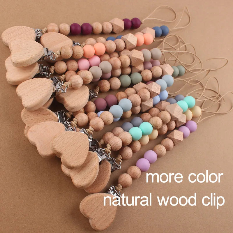 Baby products cartoon love beechwood pacifier clip creative baby silicone beads bite teeth pacifier chain