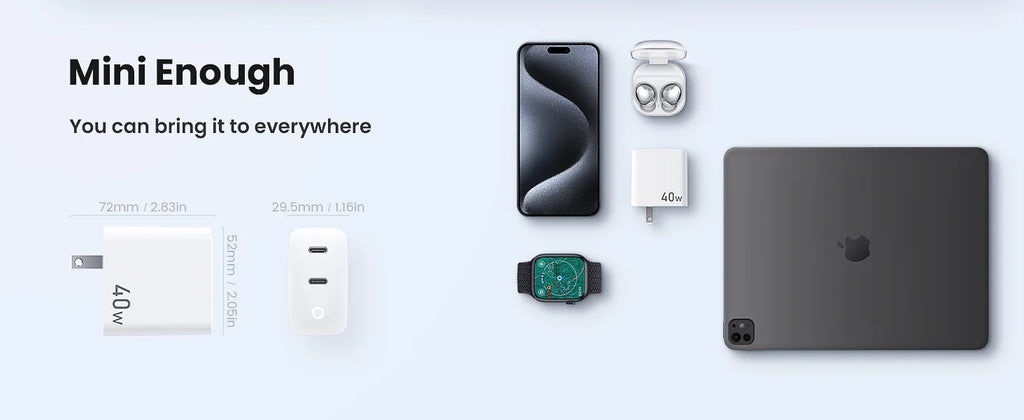 TOPADRE Cargador GaN 40W | 2 Puertos USB-C | Carga Rápida PD | Luz Indicadora | Cable 1m Incluido | iPhone y Android