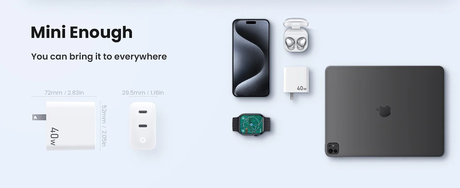 TOPADRE Cargador GaN 40W | 2 Puertos USB-C | Carga Rápida PD | Luz Indicadora | Cable 1m Incluido | iPhone y Android