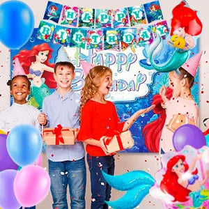 Little Mermaid Birthday Supplies,185pcs Little Mermaid Birthday Party Decorations&Tableware-Little Mermaid Stickers Banner Plate