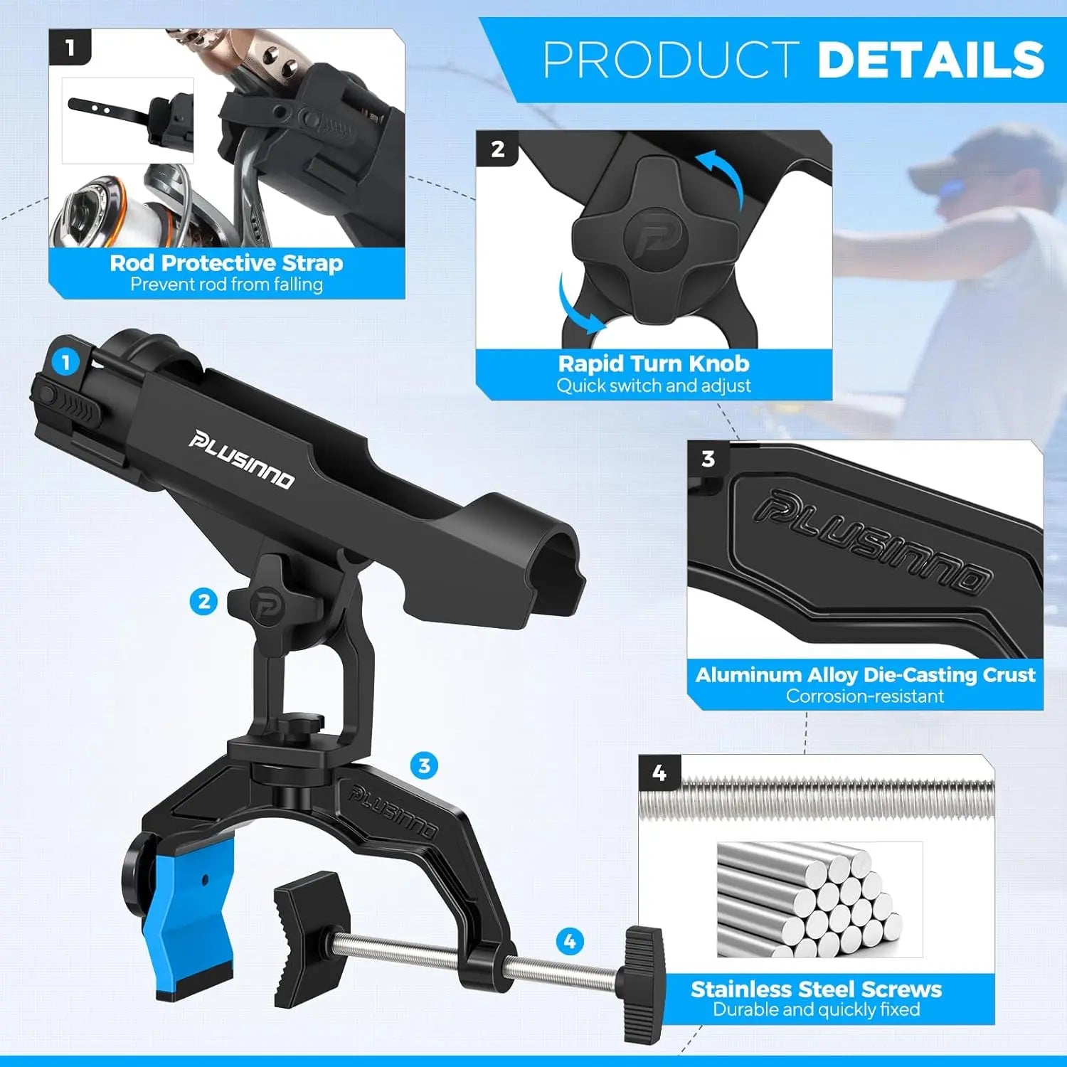 Dual-V Shaped Fishing Rod Holders for Boats, Enlarge Clamp Fits Round/Square Tubes, Fishing Gear Gifts