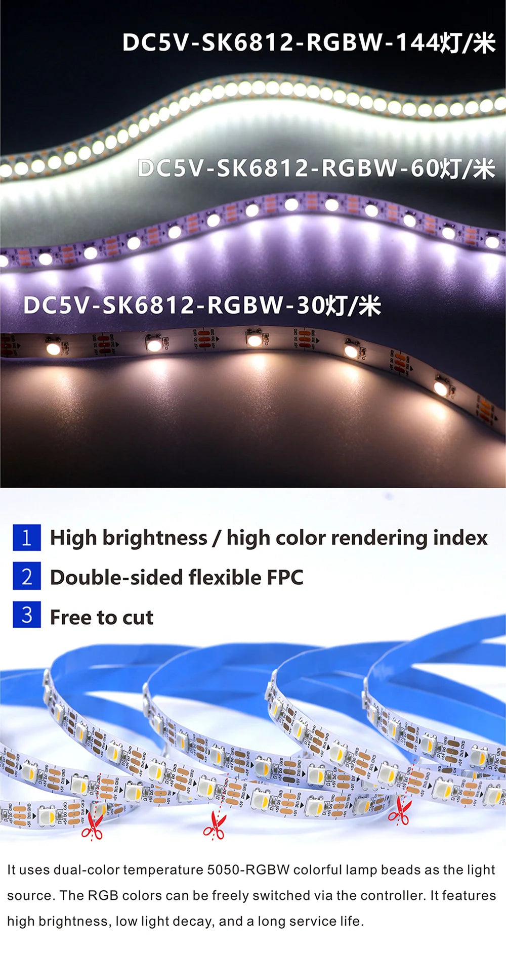 Tira LED SK6812 RGBW/RGBWW DC12V | Direccionable | 30/60/144 LEDs/m | IP30/65/67 | PCB Negro/Blanco | 1-5m - Firu Total Sales