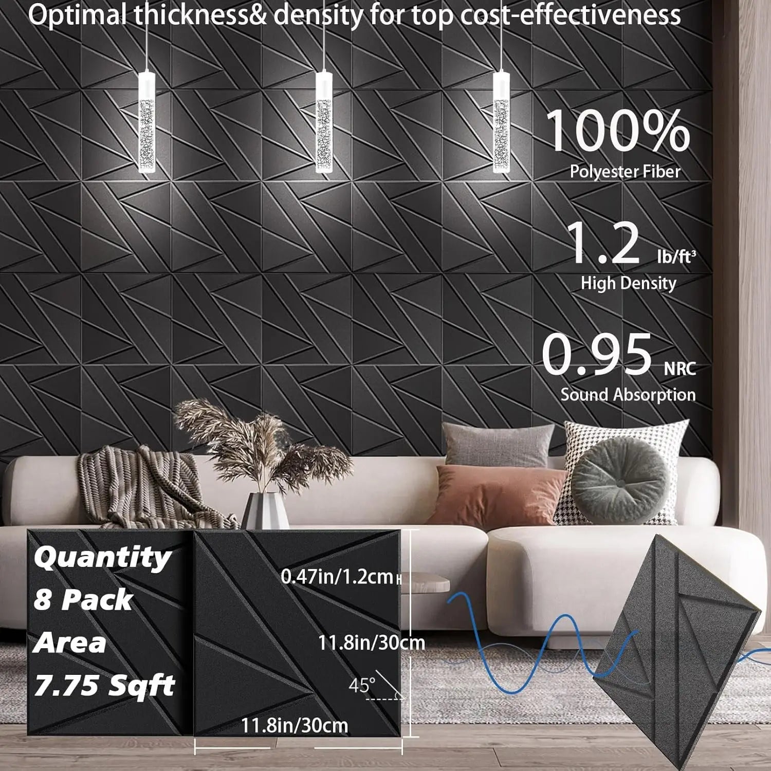 8 Pack Self-Adhesive Soundproof Wall Panels, 12x12x0.47in High Density Acoustic Foam, Peel and Stick Studio Black
