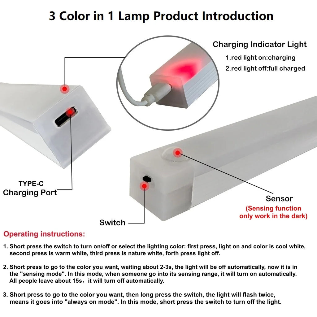 USB Rechargeable Motion Sensor LED Bar Light Induction Night Light Wireless Cordless Magnetic Cabinet Lamp for Bedroom Kitchen