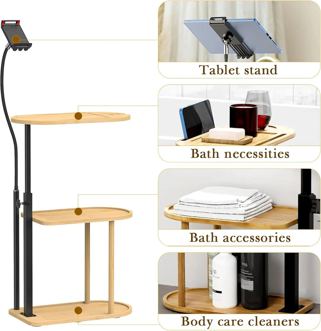 Wooden Bathtub Tray with Tablet Holder, 3 Layers Multifunctional Bath Caddy for Space Save, Adjustable Bathroom Accessor
