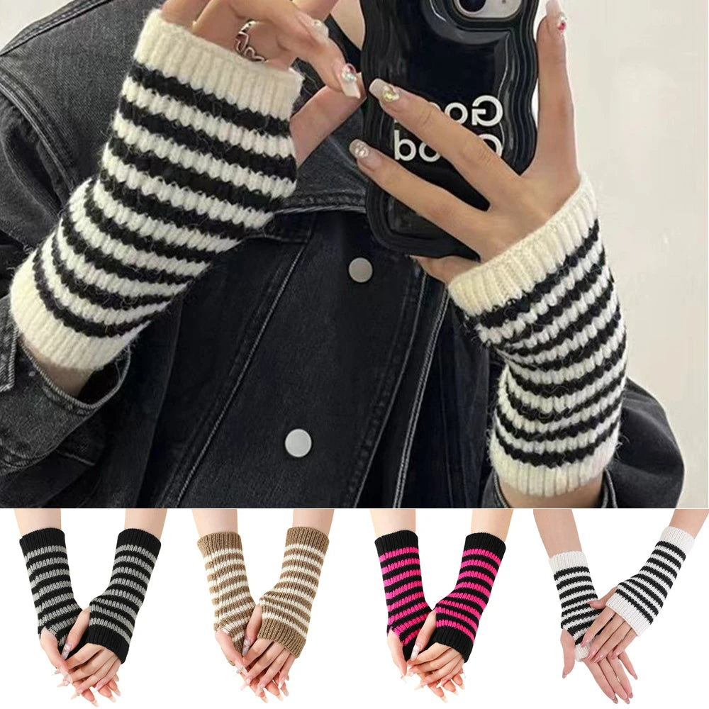 Women's Knitted Fingerless Arm Sleeves Gothic Style Striped Winter Long Arm Warmers Girls Harajuku Y2K Fashion Wrist Gloves