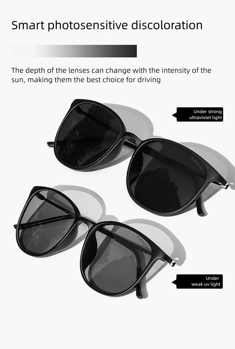 CAPONI Oval Men's Sunglasses Photochromic Polarized Sun Glasses For Men Protect UV Ray Super Light Driving Black Glasses BS520