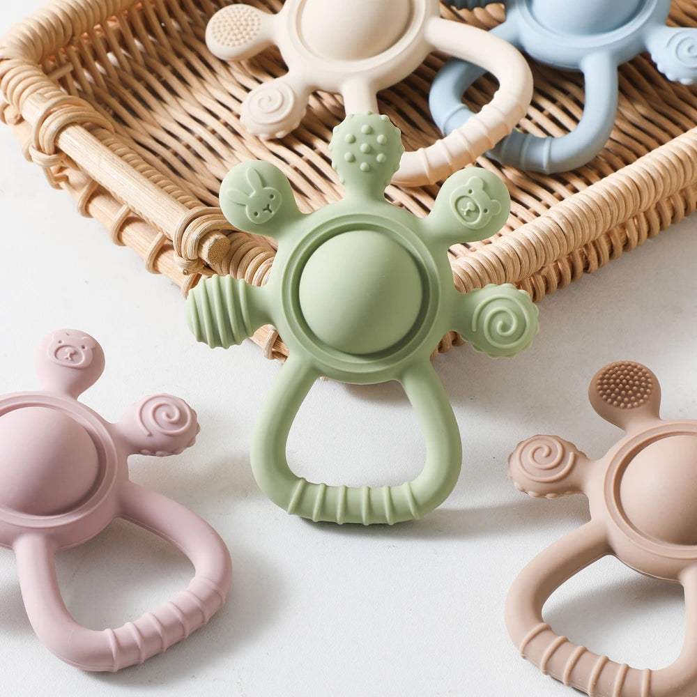 BPA Free Silicone Baby Teether — Sensory Rattle + Hand Bell | 0-12 Months