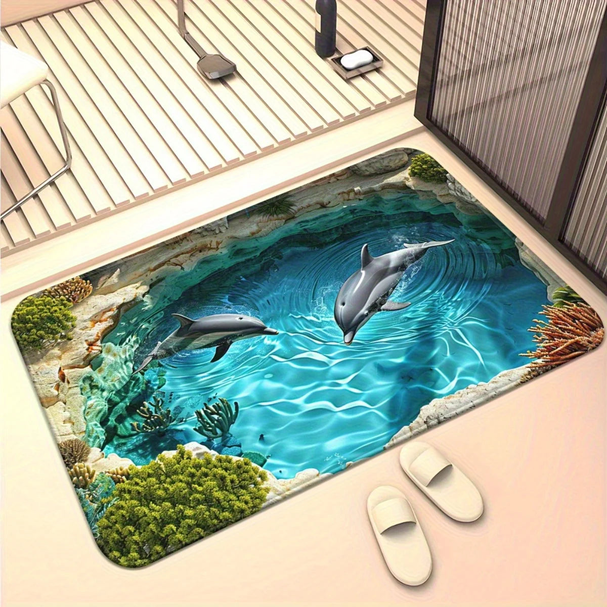 VIKAMA Dolphin Printed Carpet Waterproof and Anti Slip Machine Washable Living Room and Bathroom Quick Drying Floor Mat