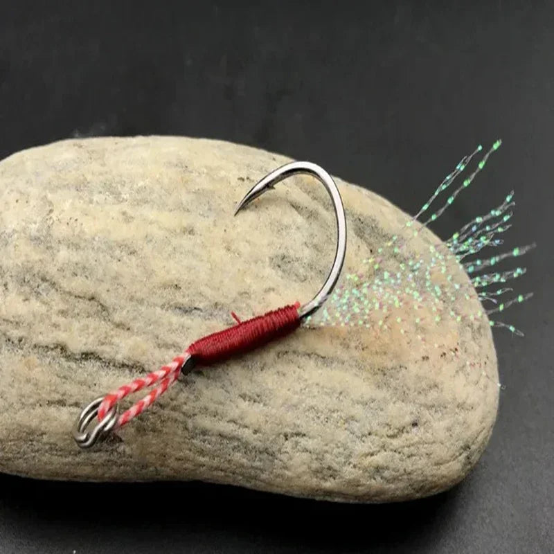 10-40Pcs Slow Jigging Fishing Cast Jigs Assist Hook Barbed Single Jig Hooks Thread Feather Pesca High Carbon Steel Fishing Lure