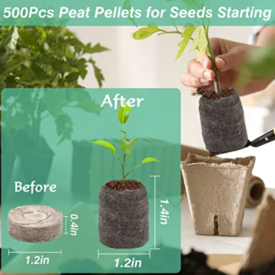 500 Pcs Peat Pellet Fiber Soil Plant Seed Starters - Seed Starter Pellets Pods Compressed Peat Pellets for Grow Herbs Plant Flo