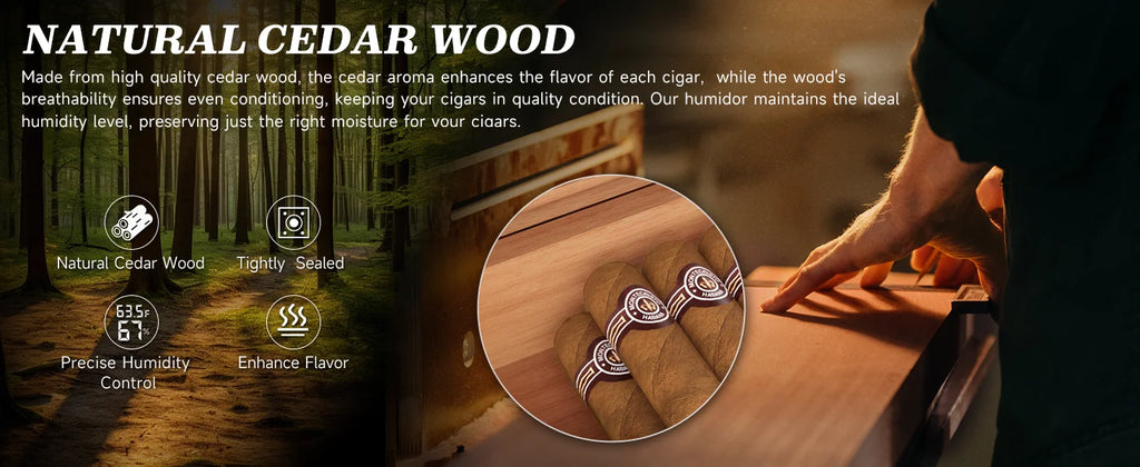 Cigar Box Humidor with Hygrometer and Humidifier, Cedar Wooden Case with Drawer, Divider, Length Gauge, Desktop Humidor Box Gift