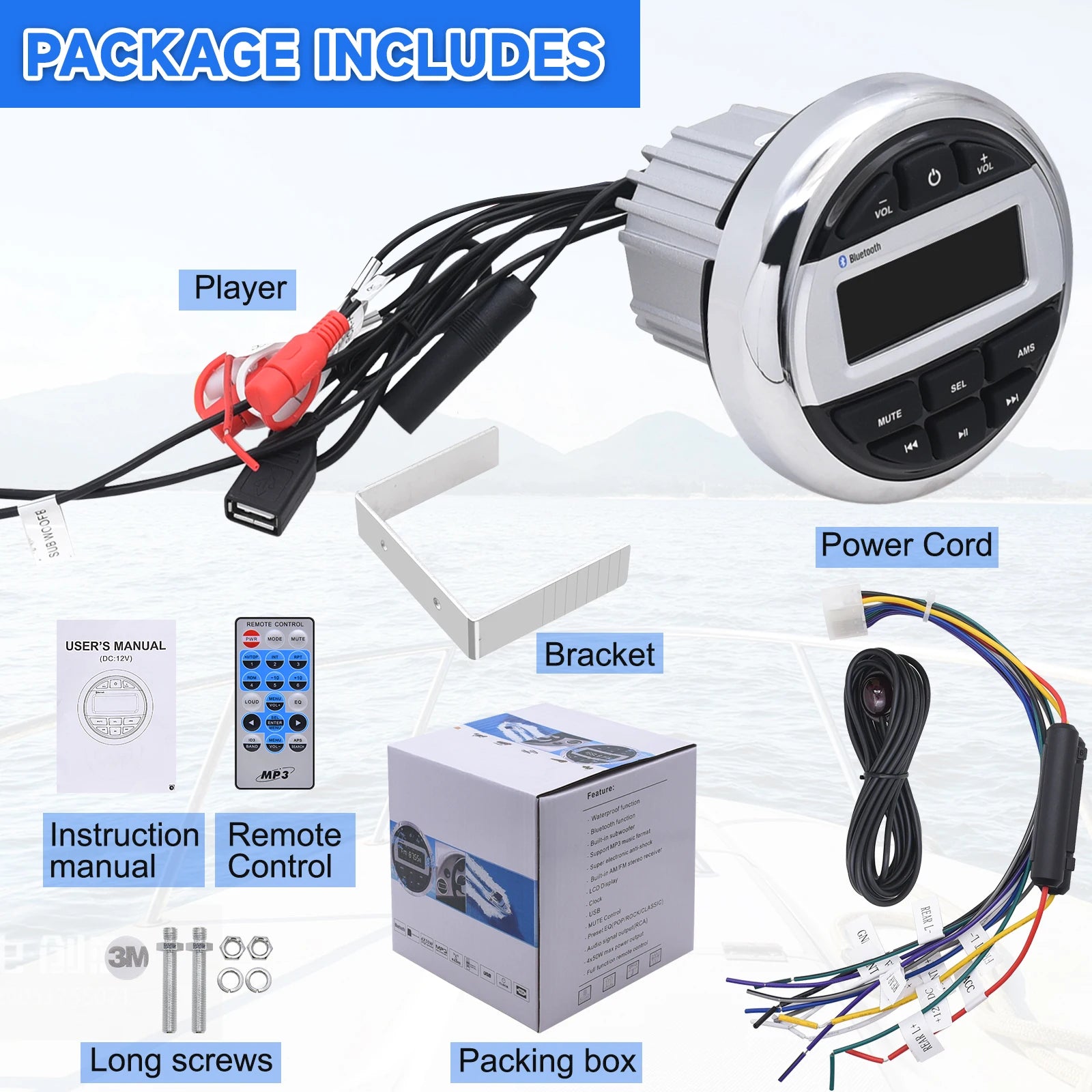 Boat Media MP3 Player With Bluetooth Waterproof Car Marine Stereo Audio Radio FM AM Receiver for UTV ATV SPA RZR