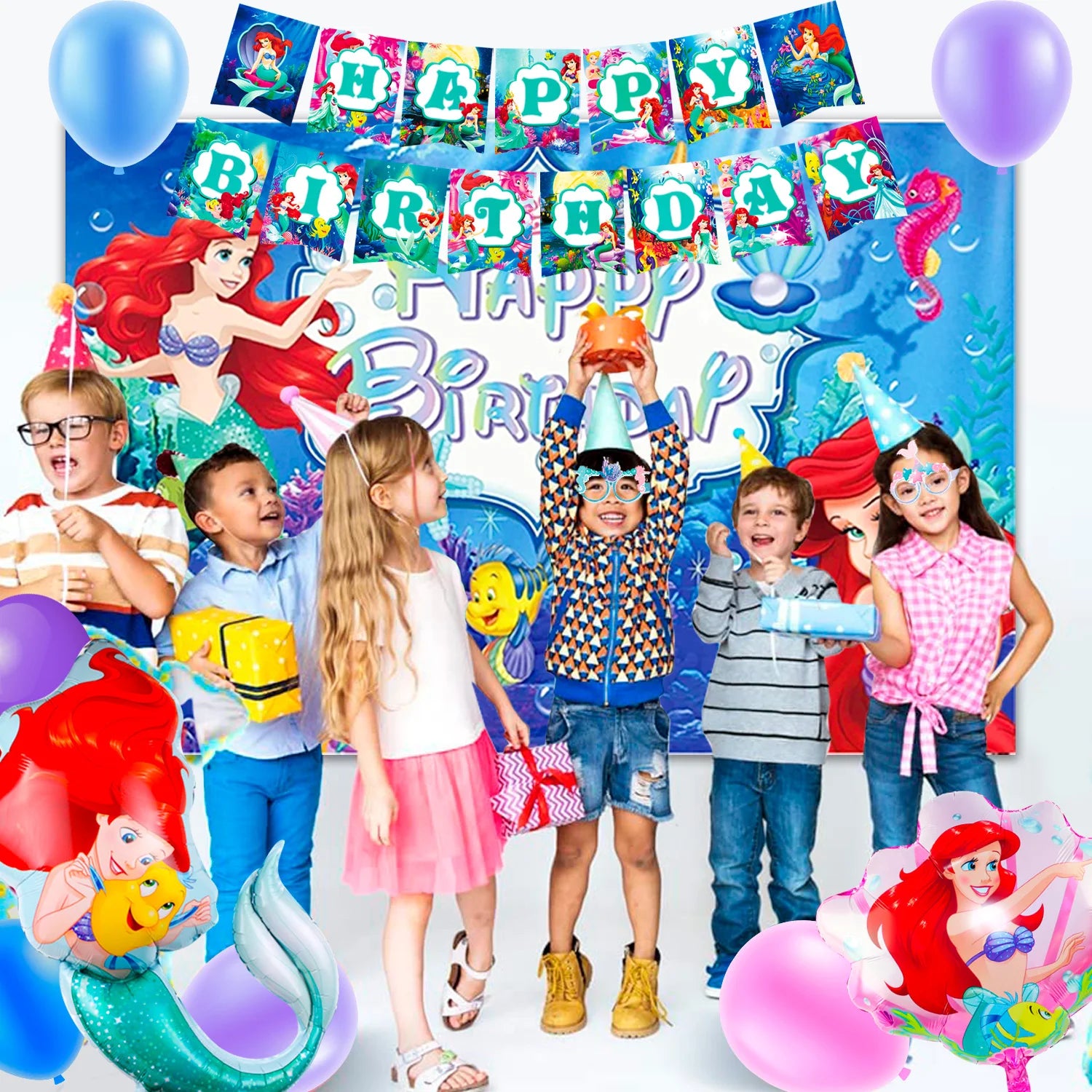 Little Mermaid Birthday Supplies,185pcs Little Mermaid Birthday Party Decorations&Tableware-Little Mermaid Stickers Banner Plate