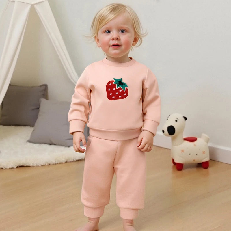 Cute Toddler Girl Autumn Ensemble Adorable Strawberry Embroidered Crew Neck Sweatshirt with Matching Long Pants 2-Piece Set