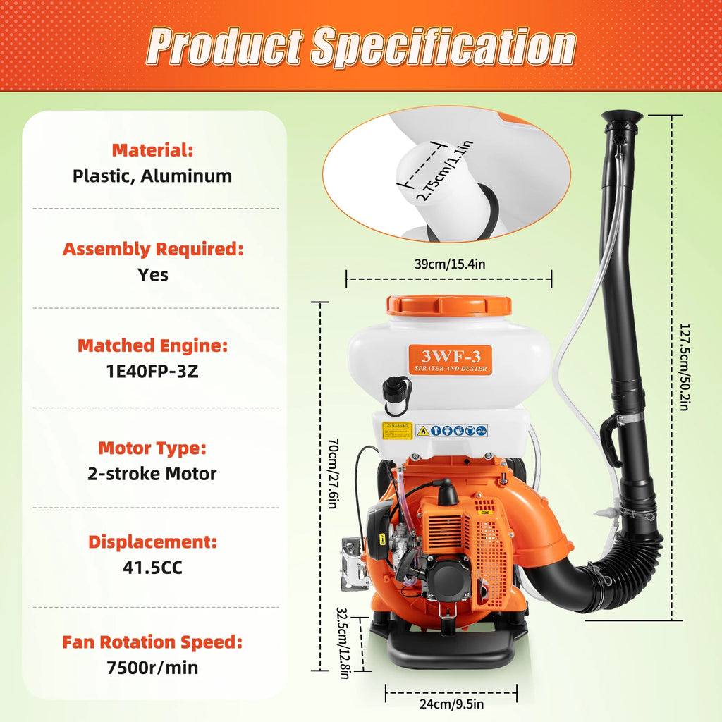7500RPM Gasoline Power Insecticide Mist Blower, 3WF-3 14L Backpack Fogger Sprayer for Agricultural Mosquito Control