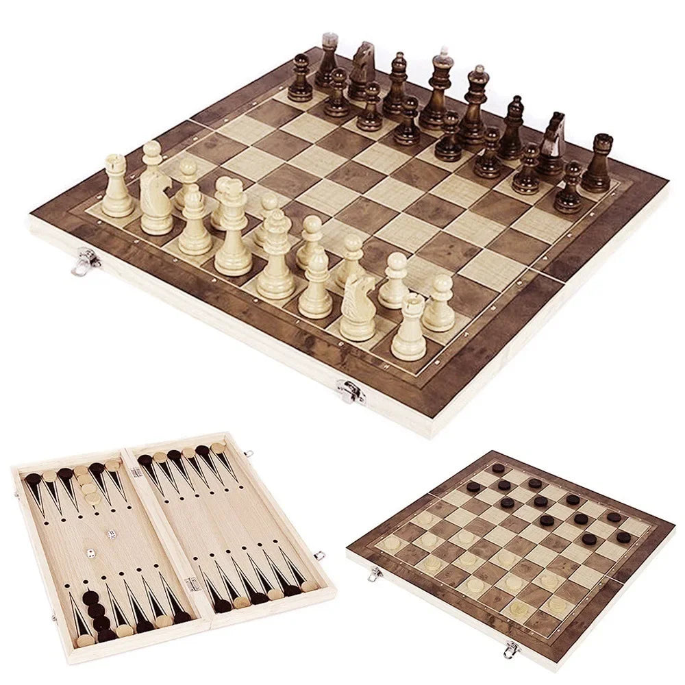 3in 1 Portable Travel Chess Checker Backgammon, Folding Storage Wooden Chess Set, International Checkers Board Game Kids Adults