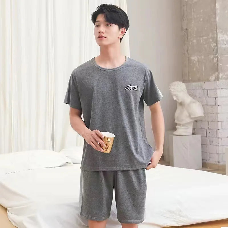 Cotton Men's Pajama Top and Pants Loungewear Athletic Casual Loose Nightwear Set Striped Sleepwear Homewear Two Piece Big Size
