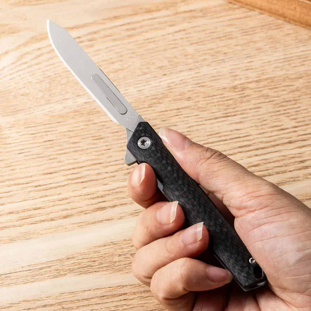 Small Folding Scalpel Knife Carbon Fibre Handle Utility Knives With Clip Compact Keychain Boxcutter Replaceable Blades