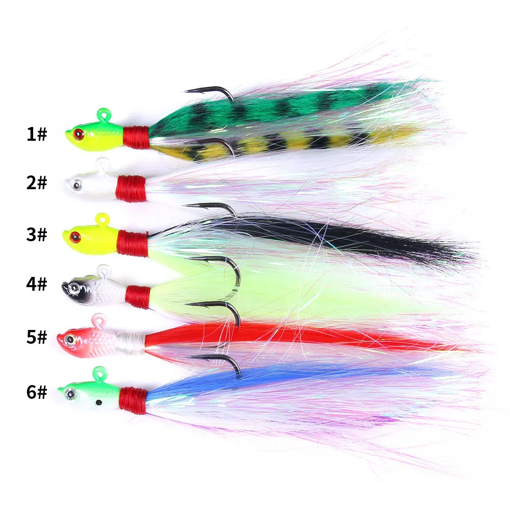 6PCS Bucktail Jigs Head Hook 3D Eyes Bait 7g 10g 21g 42g Deer Hair Feather Hook Beard Jigging Lure Fishing