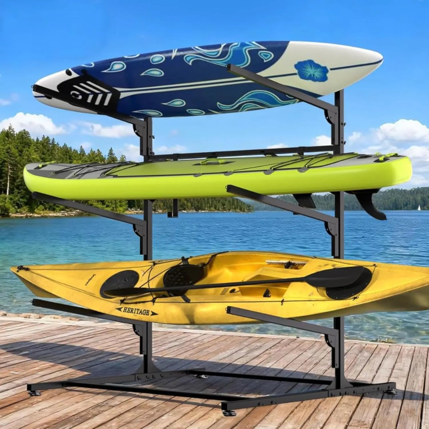 3/4 Tier Kayak Storage Rack, Heavy-Duty Metal Multifunctional Floor Holder For Canoe Surfboard Paddleboard