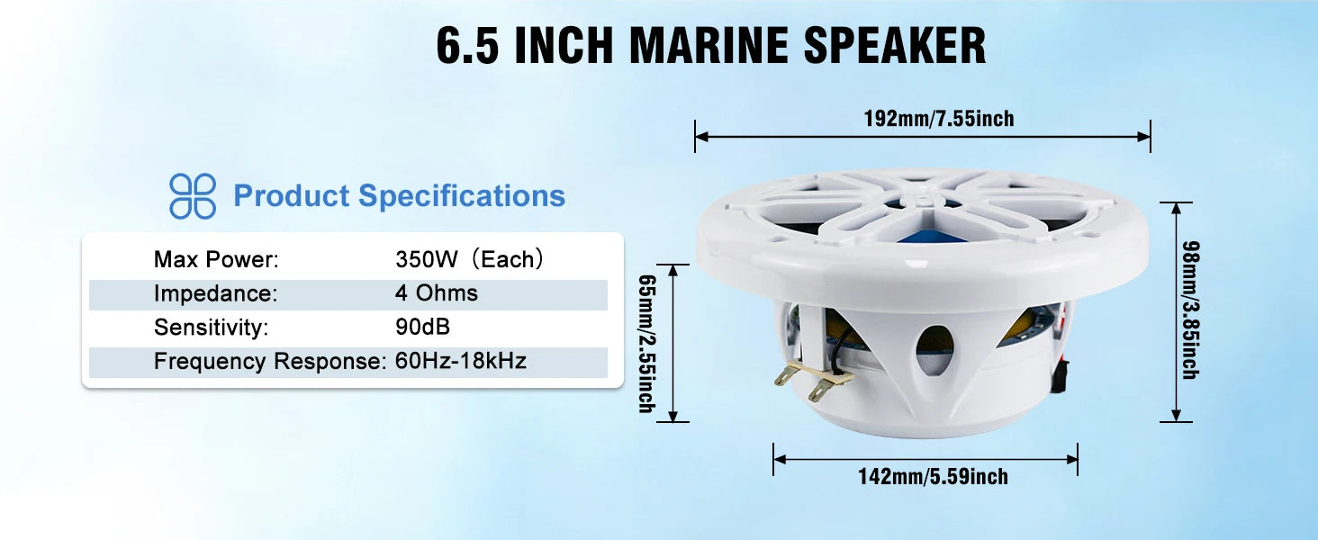 Herdio 6.5 Inch Marine Speaker 350W IP66 Waterproof Coaxial Audio Blue LED Light UV Resistant Grille for Boats ATV/UTV 1 Pair