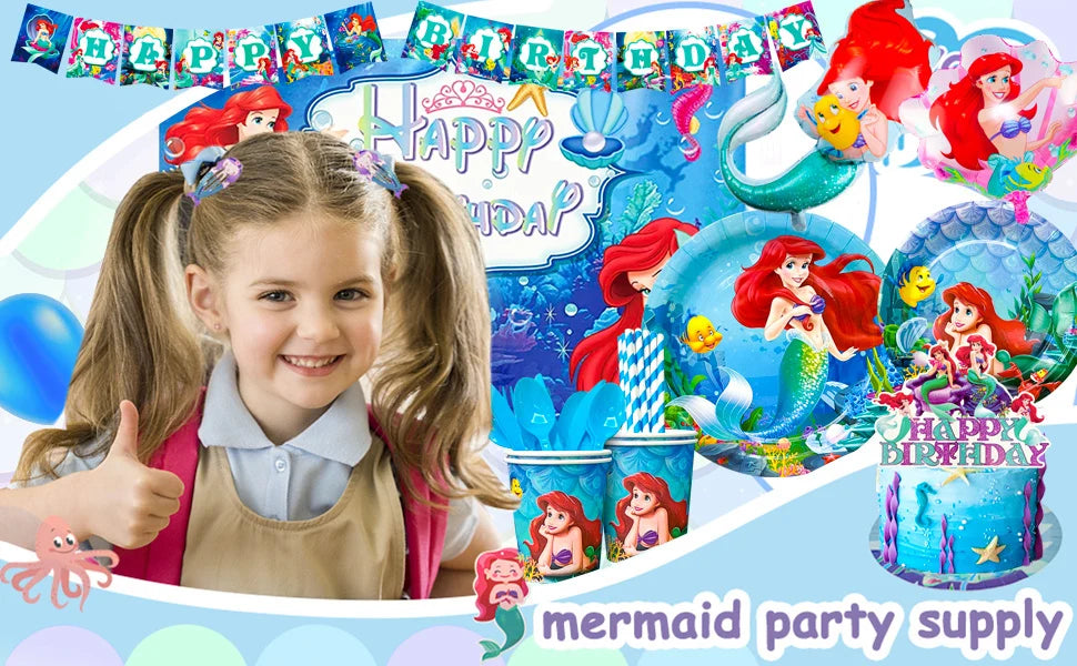 Little Mermaid Birthday Supplies,185pcs Little Mermaid Birthday Party Decorations&Tableware-Little Mermaid Stickers Banner Plate
