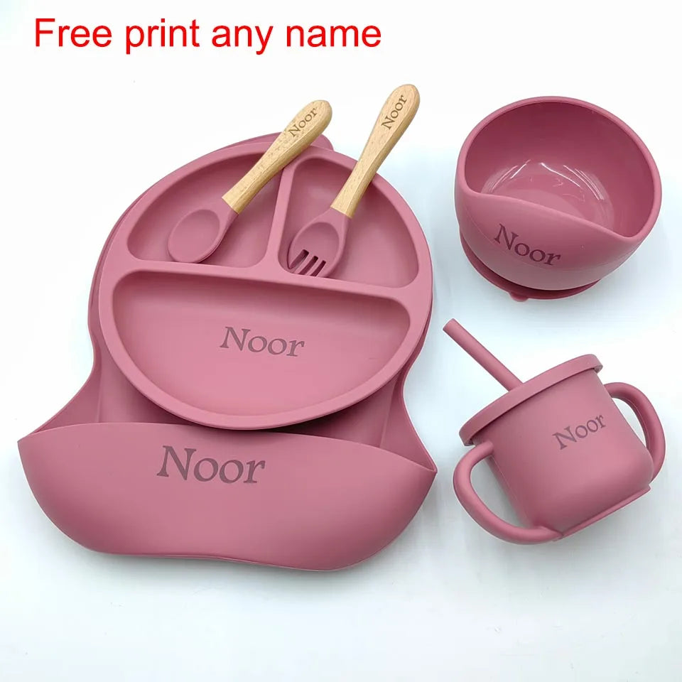 Set 6pcs Vajilla de Silicona para Bebé | Bol, Plato, Cuchara, Tenedor, Babero y Vaso 🍼