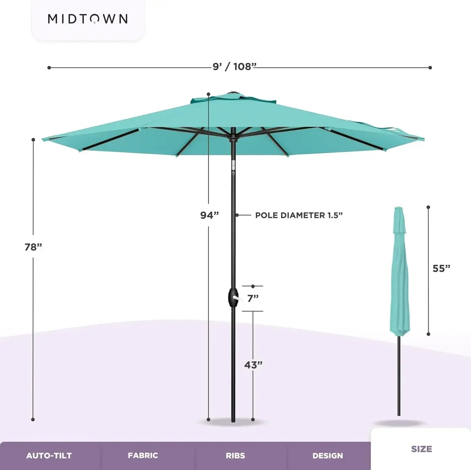 Sunbrella Umbrella 9 Feet Outdoor Umbrella With Canvas Navy Acrylic Fabric - Auto-Tilt Aluminum Frame Patio Umbrella For Backyar