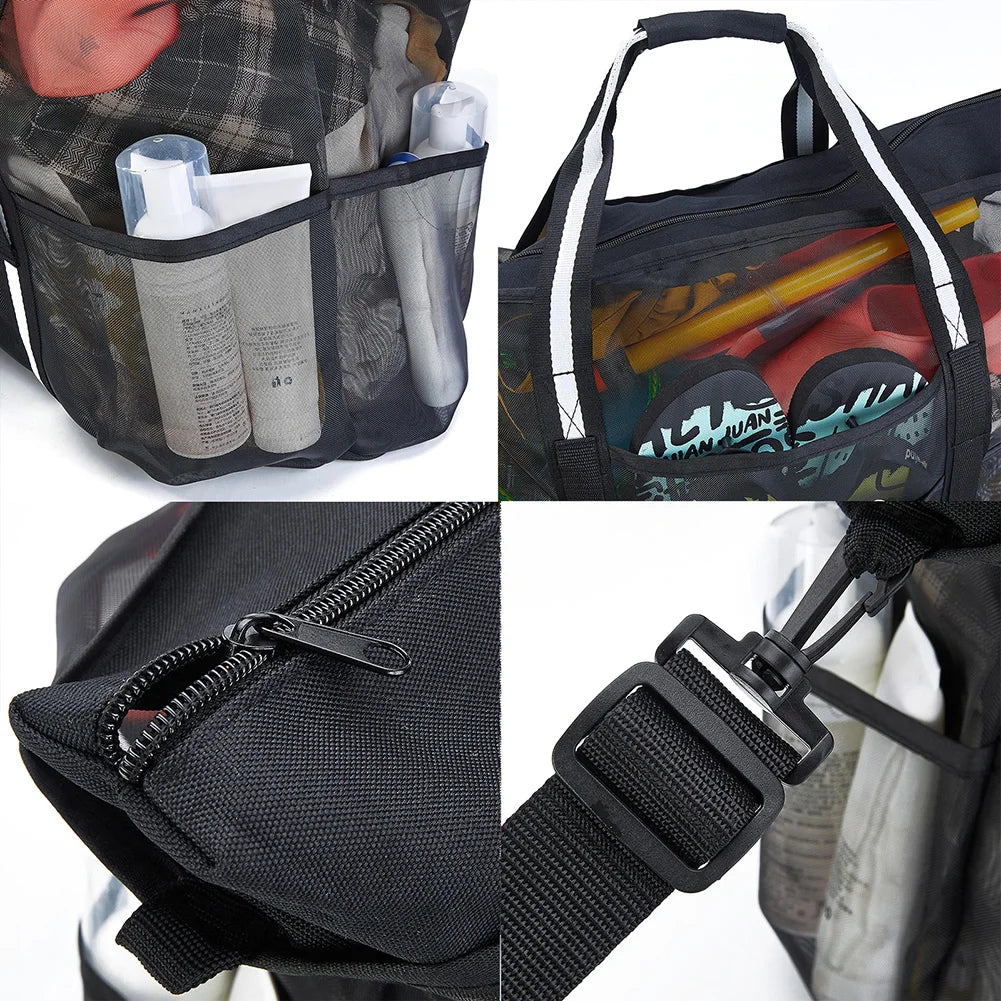 Mesh Swimming Bag Sandproof Bottom Foldable Summer Pool Bag 8 Pockets Beach Handbag Zipper Towel Storage for Travel Vacation