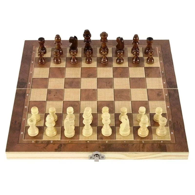 3in 1 Portable Travel Chess Checker Backgammon, Folding Storage Wooden Chess Set, International Checkers Board Game Kids Adults