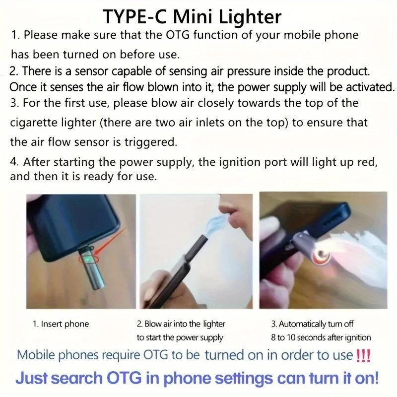 USB C Emergency Lighter, Aluminum Alloy Battery Free Lighter for Camping RV Travel, Phone OTG Powered Auto Off
