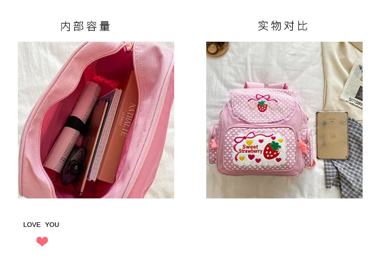 Pink Girl Embroidery Strawberry Children's Schoolbag Student Birthday Gift 2026 New Japanese Cartoon Pink Backpack Book Bags