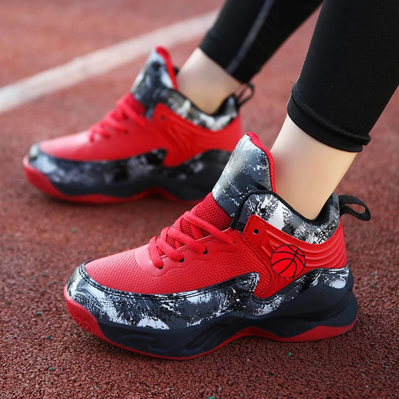 Kids' High-Top Basketball Sneakers – Anti-Slip, Star Pattern, Lace-Up
