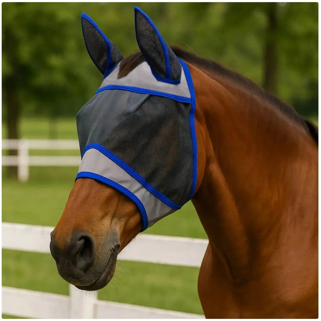 Máscara Antimoscas para Caballo | Malla Ventilada | Protección Solar Ajustable 🐎