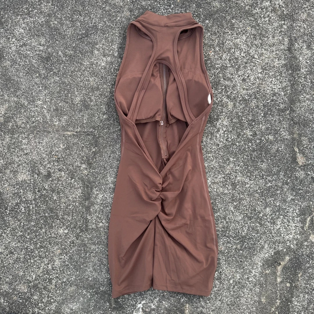 Solid Color Scrunch Back Waist Tight Yoga Jumpsuit Shorts Set for Women, Zipper Gym Sportswear Fitness One-Piece Sports Suit