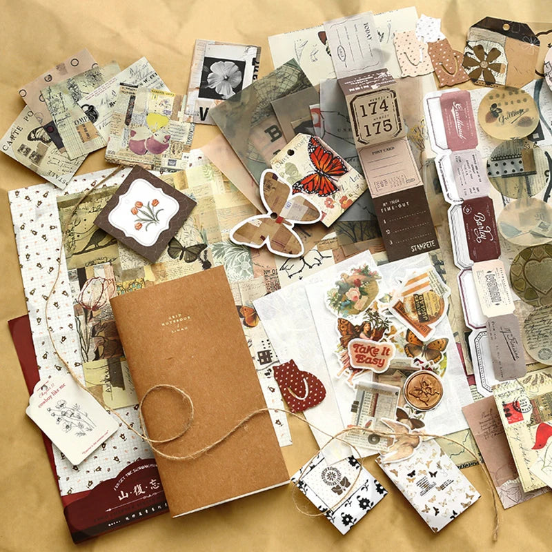 Retro scrapbook supplies, aesthetic diary tool kit, material paper set, simple Instagram style background, handmade DIY material