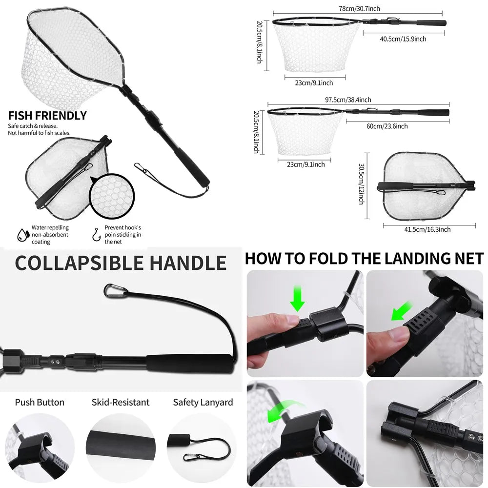 Collapsible Fishing Landing Net with Telescoping Pole Handle Extend to 190cm 100cm 80cm Fishing Net For Saltwater Freshwater